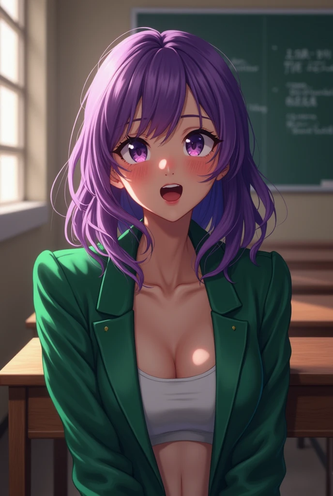masterpiece、Very detailed、(One Girl:1.2)、Purple Hair、Green blazer、Upper body naked、Lower body naked、Big eyes、Close-up、Laughter、8k 、Ai Hoshino、classroom
