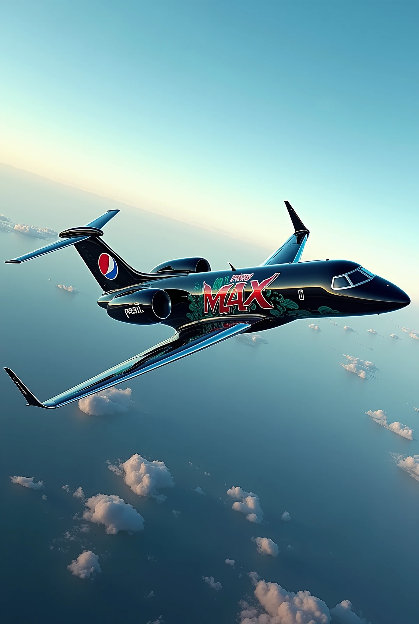a black private jet painted with Pepsi Max commercial logos and text