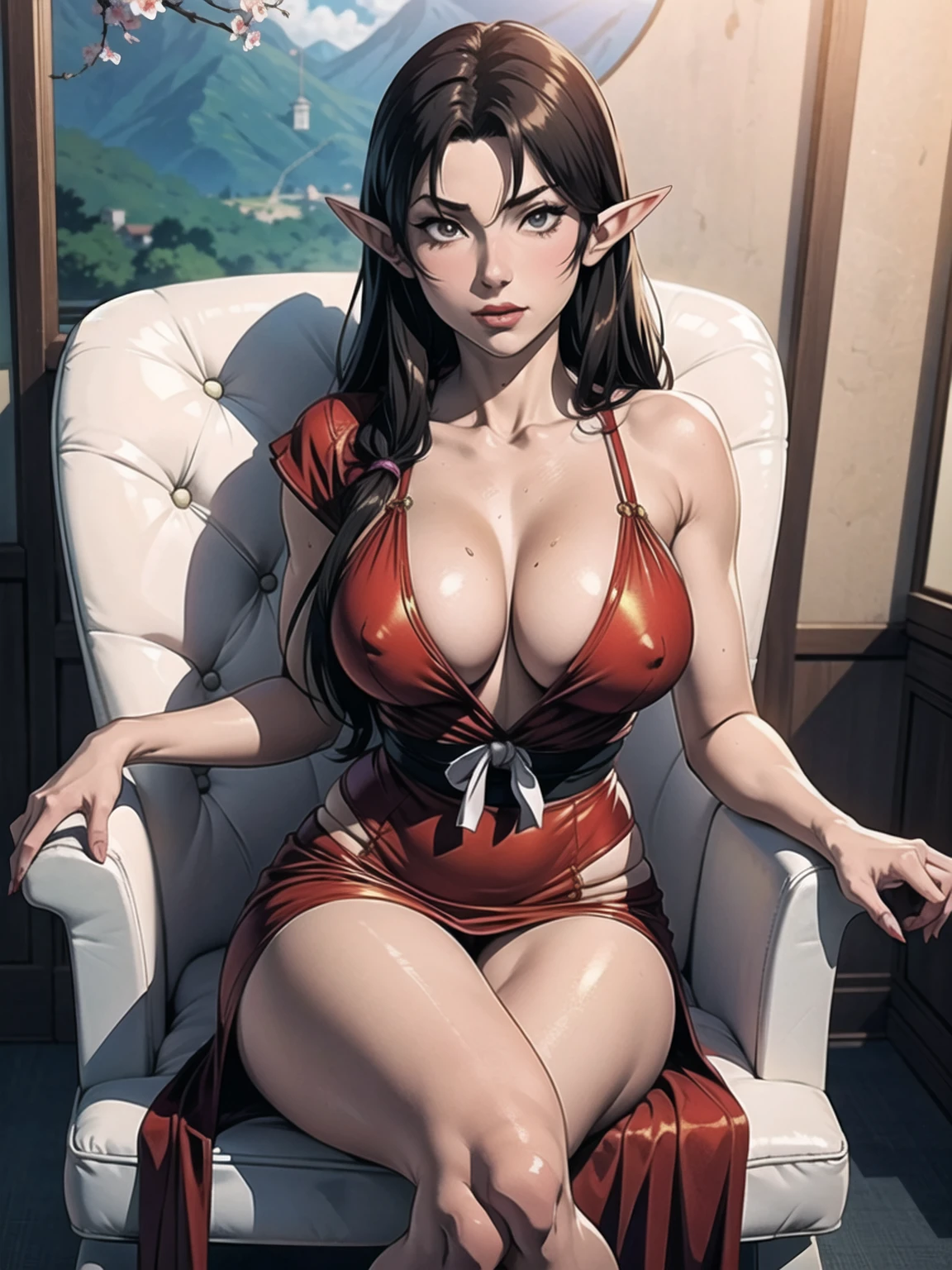 there is a woman in a red dress sitting on a chair, v from devil may cry as an elf, sakimichan, yoko matsugane as mai shiranui, trending on cgstation, rin, asuka suit under clothes!, ayaka cosplay, , seductive anime girl, ayami kojima amano, sakimi chan, asuka