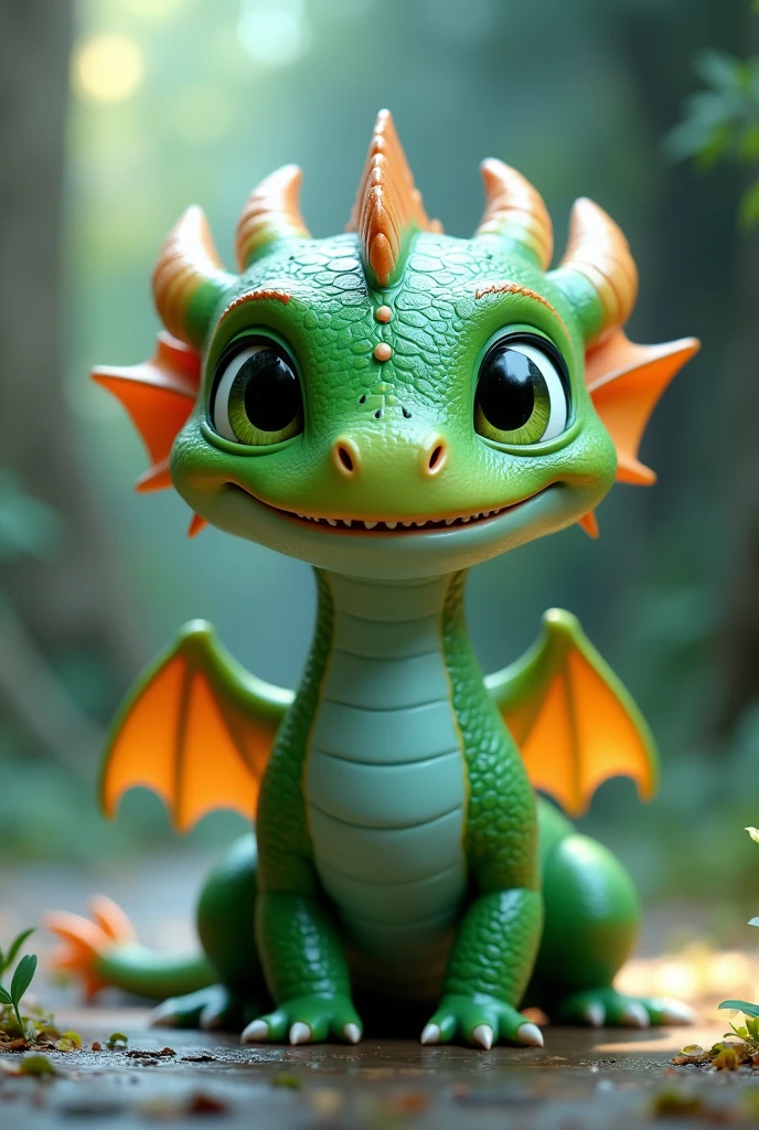 Canematic 3d style .Dragon: A small, friendly dragon with bright, shiny green scales and tiny wings. The dragon looks cute and approachable, with big, curious eyes and a small smile. It has a light blue underbelly and little horns on its head.