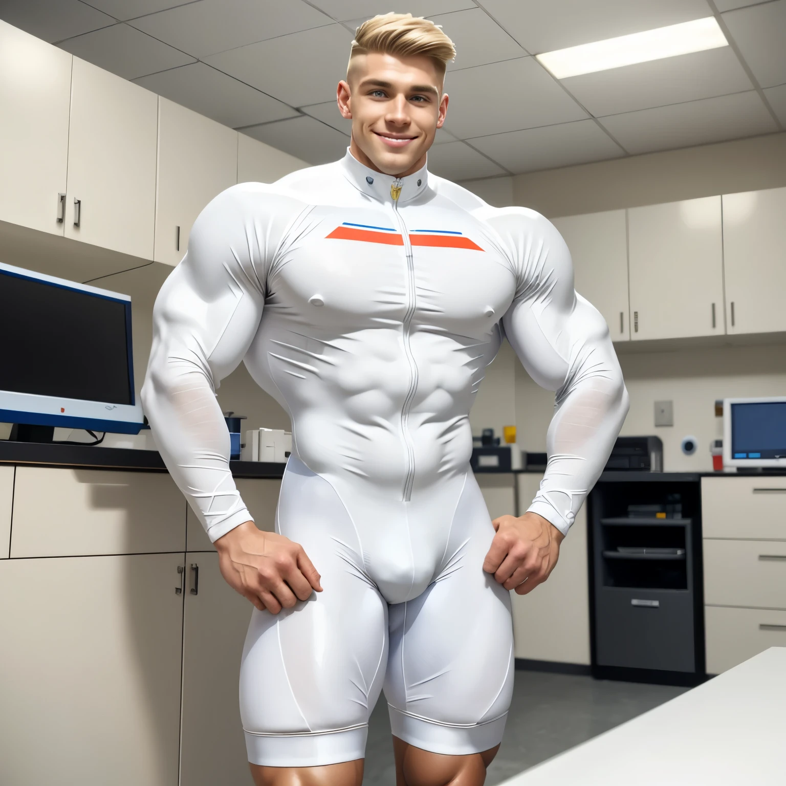 Full length view of a handsome smiling 2 Caucasian over-muscular young man with short blonde clean undercut hair, wearing a very tight shiny white cycling skinsuit, in white cycling socks, shoes off, showing off white nylon socks,. He is being electronically be monitored before a cycling event. Highly detailed photo in a hi-tec laboratory .