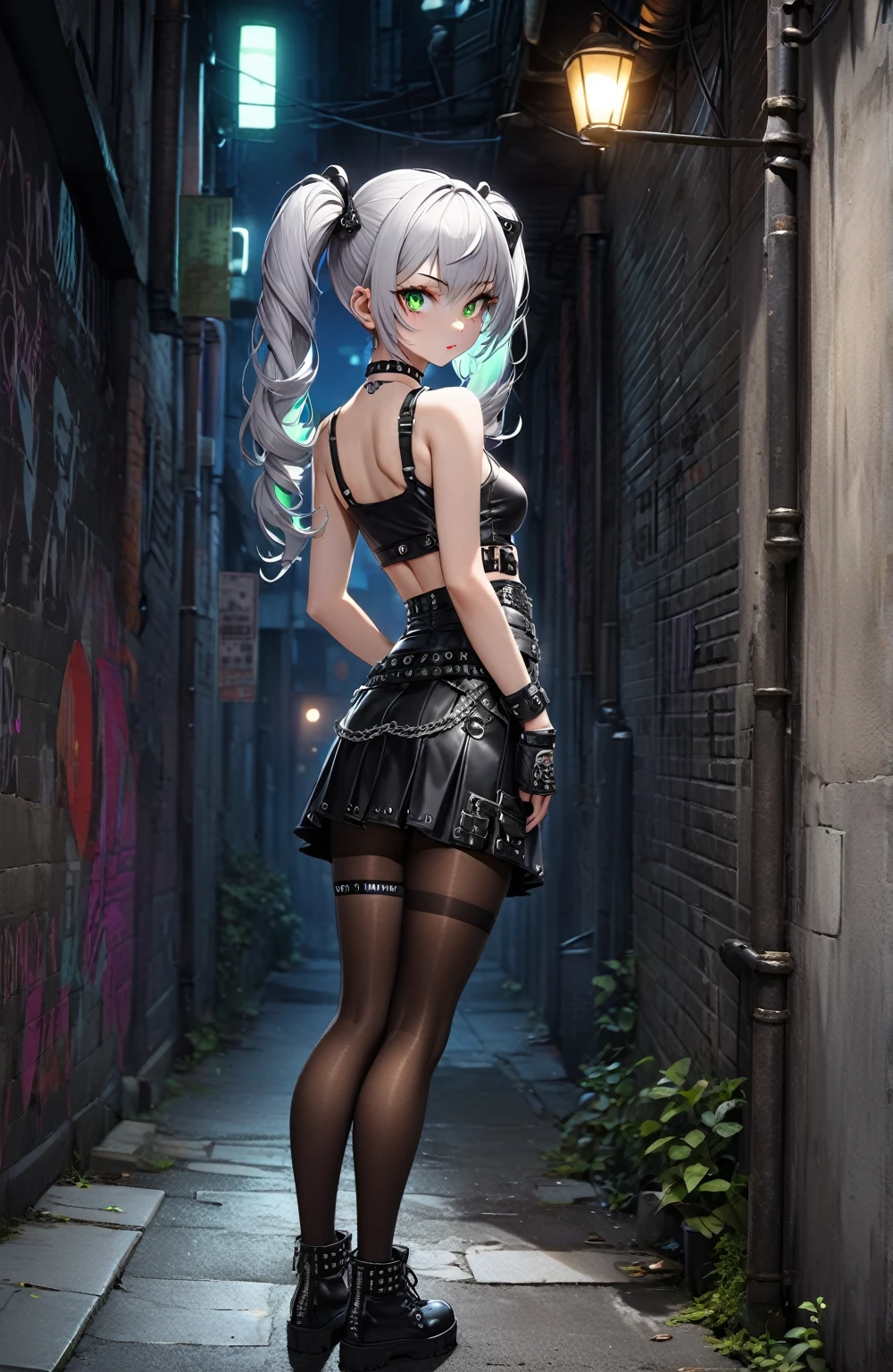 Ultra high resolution, rich colors, perfect image, top quality, detailed image, beautiful woman, glowing skin, skin and clothing texture, delicate eyes, back alley at night, punk gal, punk girl, choker, tight skirt, pantyhose, leaning against wall, full body, silver hair twin tails, green eyes