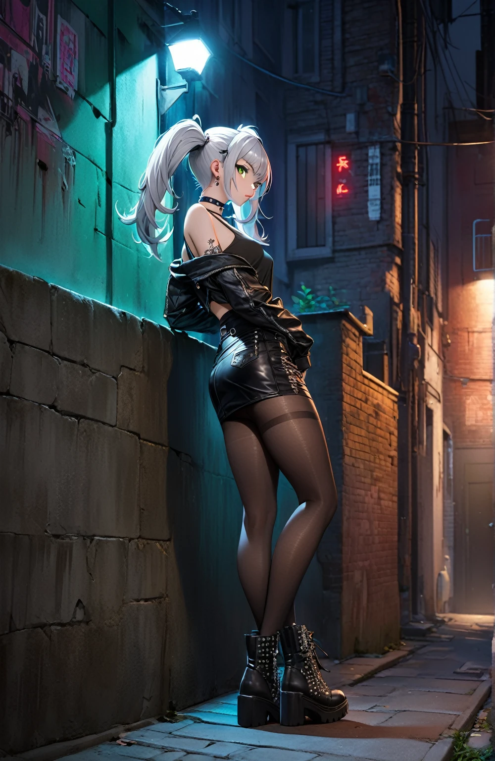 Ultra high resolution, rich colors, perfect image, top quality, detailed image, beautiful woman, glowing skin, skin and clothing texture, delicate eyes, back alley at night, punk gal, punk girl, choker, tight skirt, pantyhose, leaning against wall, full body, silver hair twin tails, green eyes