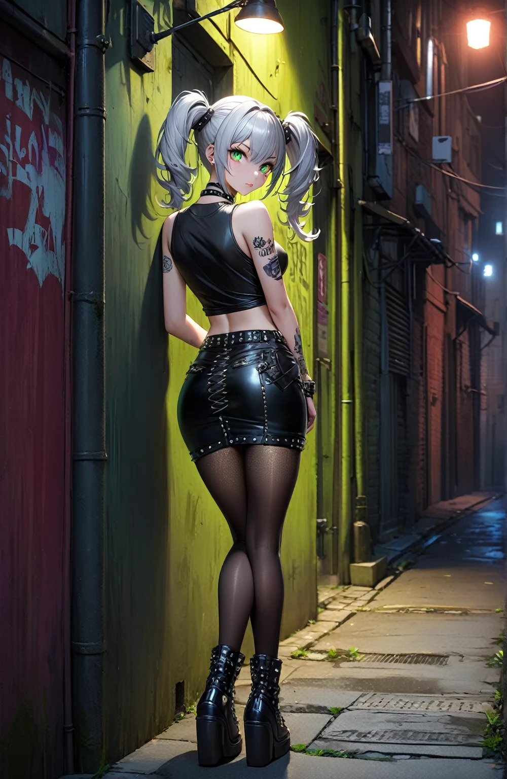 Ultra high resolution, rich colors, perfect image, top quality, detailed image, beautiful woman, glowing skin, skin and clothing texture, delicate eyes, back alley at night, punk gal, punk girl, choker, tight skirt, pantyhose, leaning against wall, full body, silver hair twin tails, green eyes