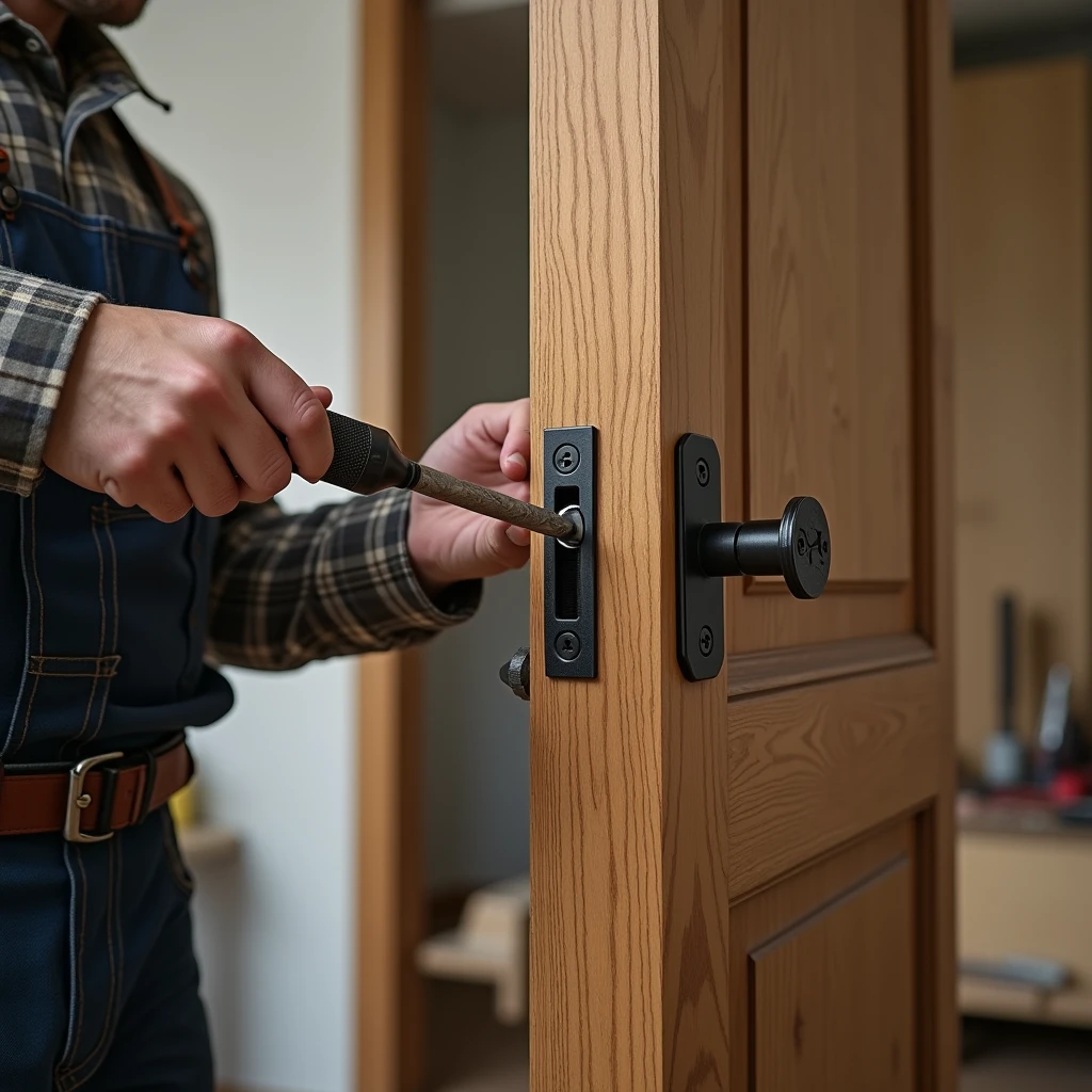 A realistic and professional scene depicting a skilled craftsman installing a lock into a door. The setting is a modern, well-lit interior, either in a workshop or a home. The craftsman, dressed in professional work attire, is carefully using tools like a drill and chisel to create a precise cavity in the wooden door for the lock mechanism. The focus is on the detailed process of fitting the lock into place, with the worker's hands steady and the tools positioned accurately. The door is partially open, and the background shows a clean workspace with additional tools and materials neatly arranged. The overall atmosphere is one of expertise, attention to detail, and professionalism.