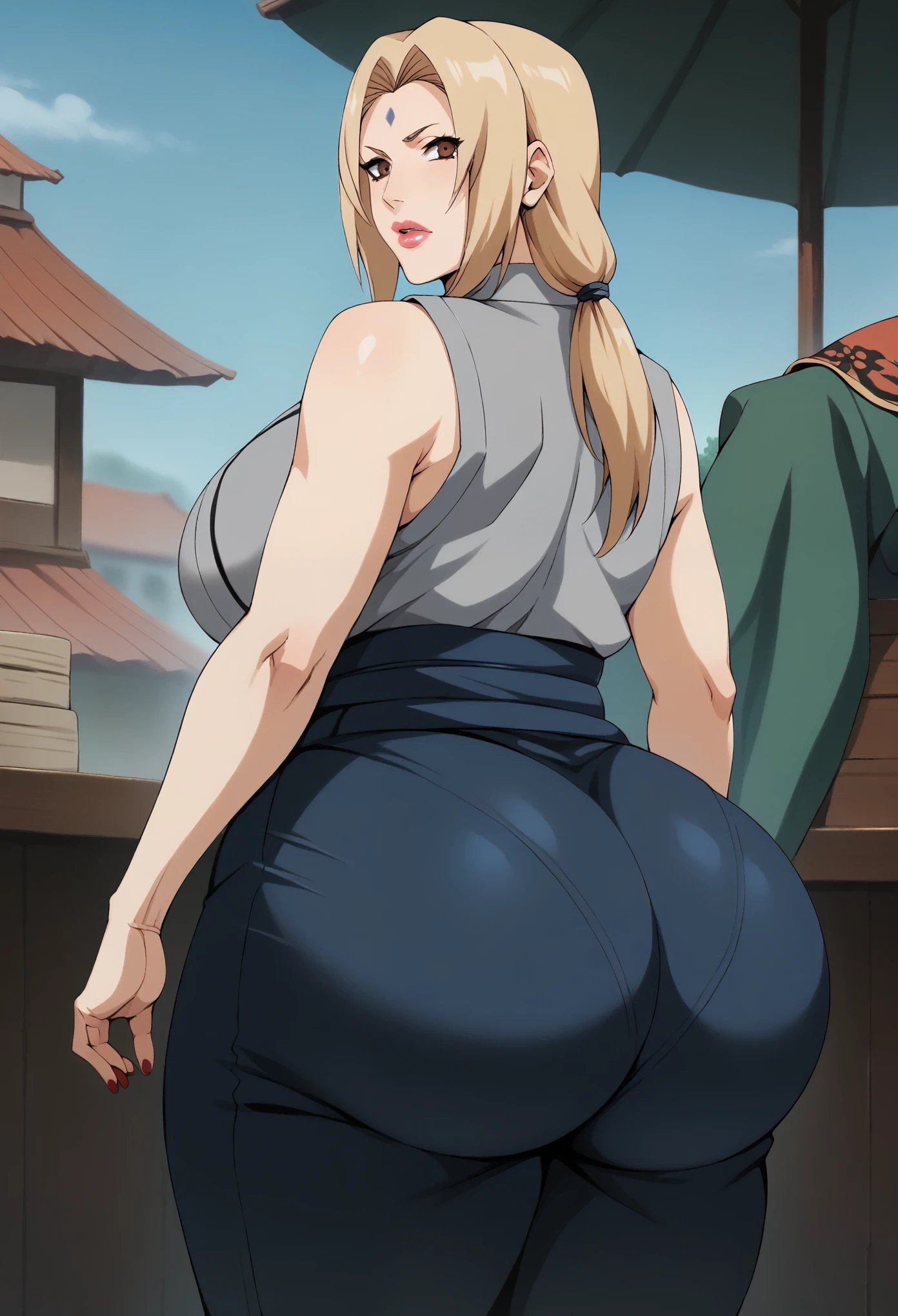 score_9, score_8_up, score_7_up, BREAK, score_9, ChopioTsunade, blonde hair, long hair, big lips, plump lips, low twintails, hair tie, brown eyes, forehead mark, pink lipstick, mature female, milf, K-cup size breasts, large breasts, huge butt, red nails, outfit_2, grey kimono, sleeveless kimono, collarbone, blue obi, blue pants, solo, 1girl, looking at viewer, curvy body, thick body, curvy, small waist, b cowboy huge butt, shot, ass, ass covered by her pants, pants slipping slightly down, showing bare buttcrack slichtly, big ass, huge breasts, big breasts, thick thighs, wide hips, from behind, forest