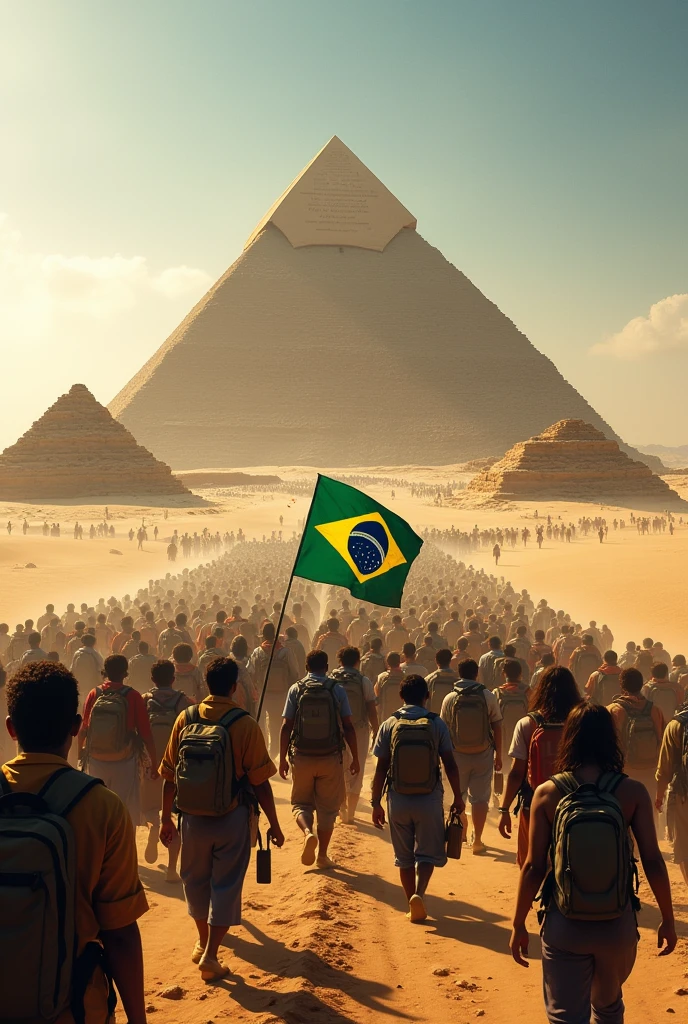 Create an image of Brazilians migrating en masse to Egypt in search of a better life carrying the Brazilian flag from Egypt and with the pyramids
