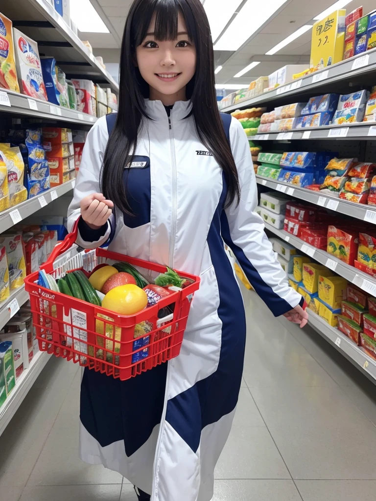 Japanese female android,Black Hair,White and blue robot suit,Plump,Walking through the food section of a department store,smile,I have a shopping basket