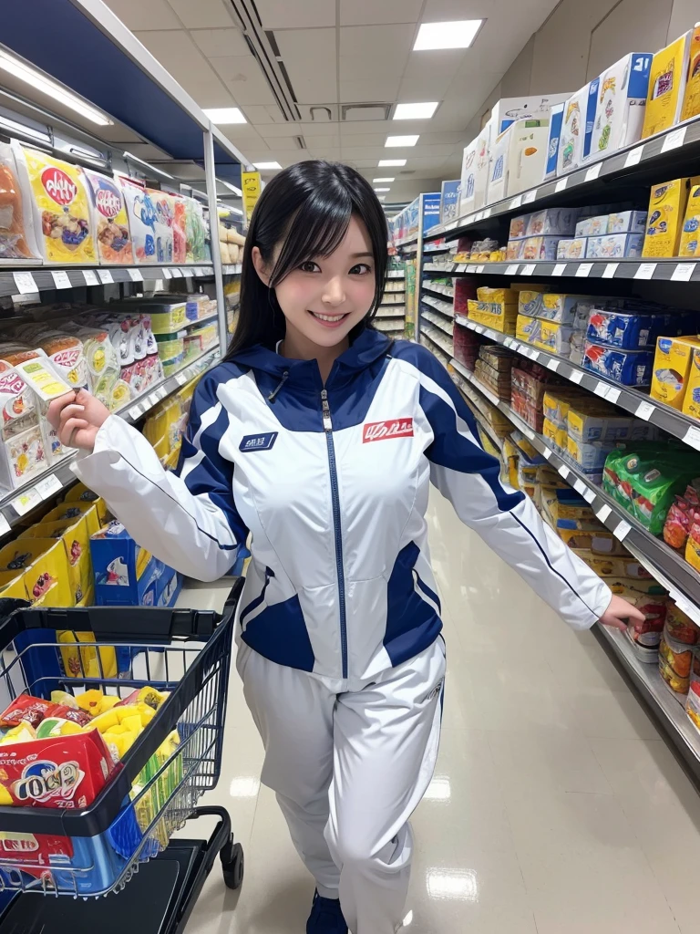 Japanese female android,Black Hair,White and blue robot suit,Plump,Walking through the food section of a department store,smile,I have a shopping basket
