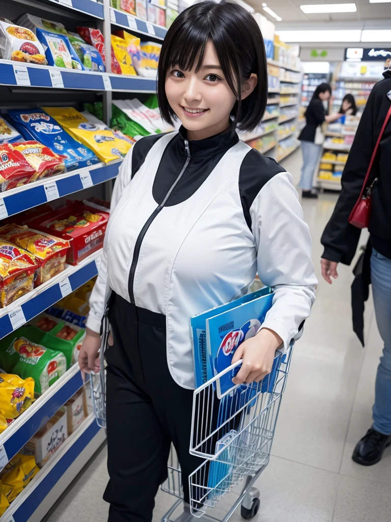 Japanese female android,Black Hair,White and blue robot suit,Plump,Walking through the food section of a department store,smile,I have a shopping basket