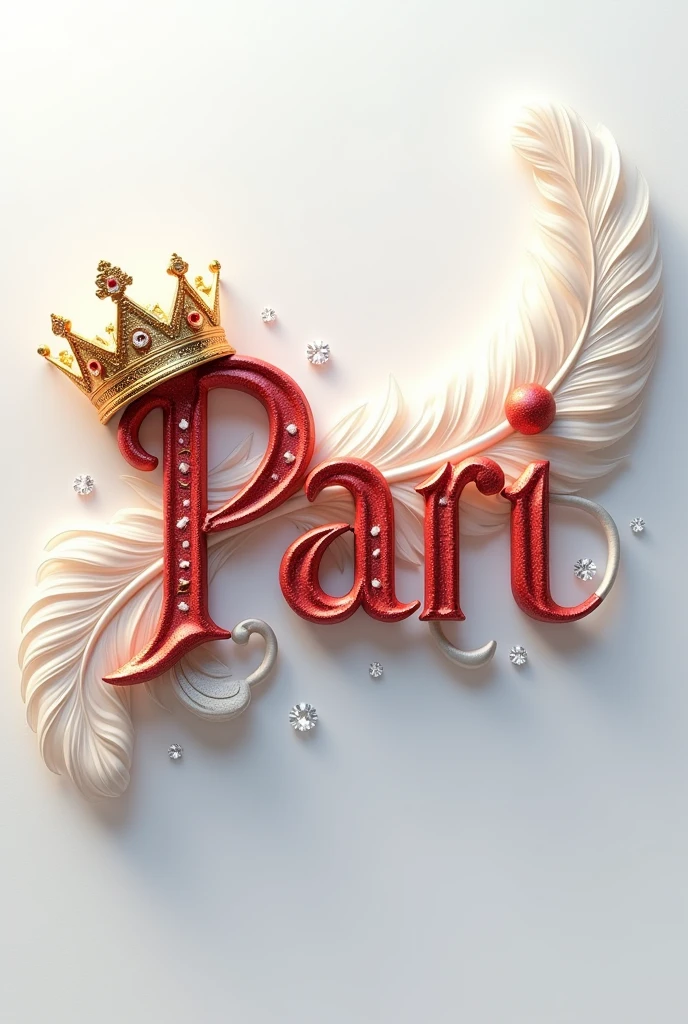 A mesmerizing 3D digital art masterpiece that captivates the viewer with its intricate design. The name,,Pari, is prominently displayed in a striking font, adorned with a luxurious golden,red crown. A flowing feather gracefully follows behind, adding to the design's visual appeal. The name glows in vibrant colors such as silver, enhancing its breathtaking beauty. Warm silver lighting illuminates the design, creating depth and dimension, and delicate diamonds are strategically placed for added glamour. The pristine white background highlights the name, transforming the design into a truly fascinating piece. With its cinematicposter-like quality, this extraordinary work of art masterfully blends elements of dark fantasy, and 3D rendering, typography, and 3D rendering., architecture, typography