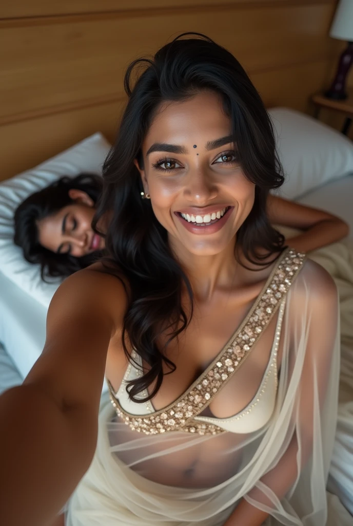Perfect Indian sexy fittest wife with embroidered soft net saree, embroidered, HDR, 8k, hyper detailed, best quality, ultra-high resolution, HDR, 8k, sitting on the bed and taking selfie , a woman sleeping beside her look at viewer, waist level view, bright smile, casual pose , average body with 36 D size breasts,26 hip size and 36 waist size