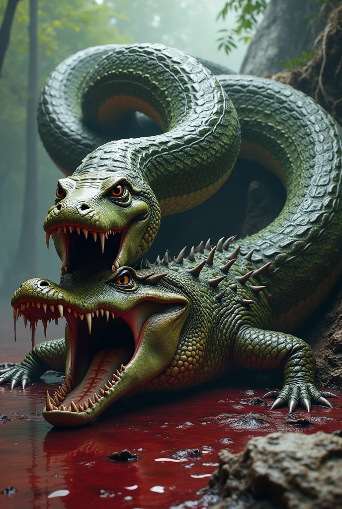 Big snake graping crocodile dead around blood