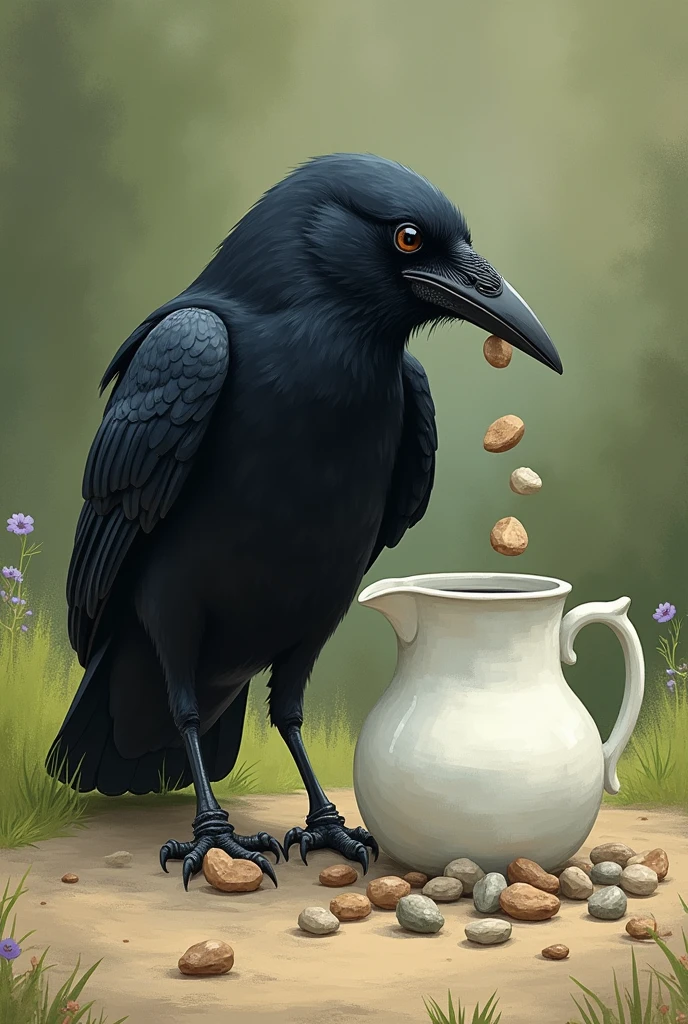 Generate an image for the scene: 
The Crow’s Idea

Setting: The crow notices pebbles scattered on the ground nearby.
Characters: The crow, a few small pebbles, and the pitcher.
Action: The crow picks up pebbles one by one and drops them into the pitcher. The water level begins to rise with each pebble