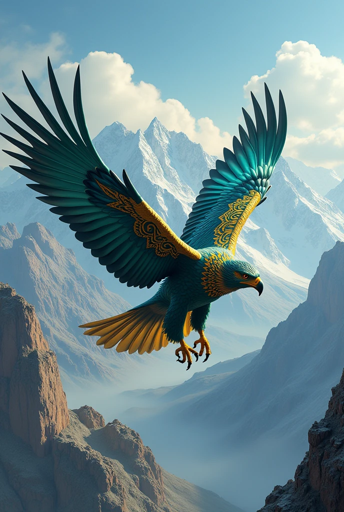 hyperrealism. Flying Great Eagle, fork from top to back, under the eagle there are high mountains with a fantastic landscape ,the air is clear ,greenish blue eagle, On the eagle&#39;s back there is a beautiful ethnic ornament of acid yellow color