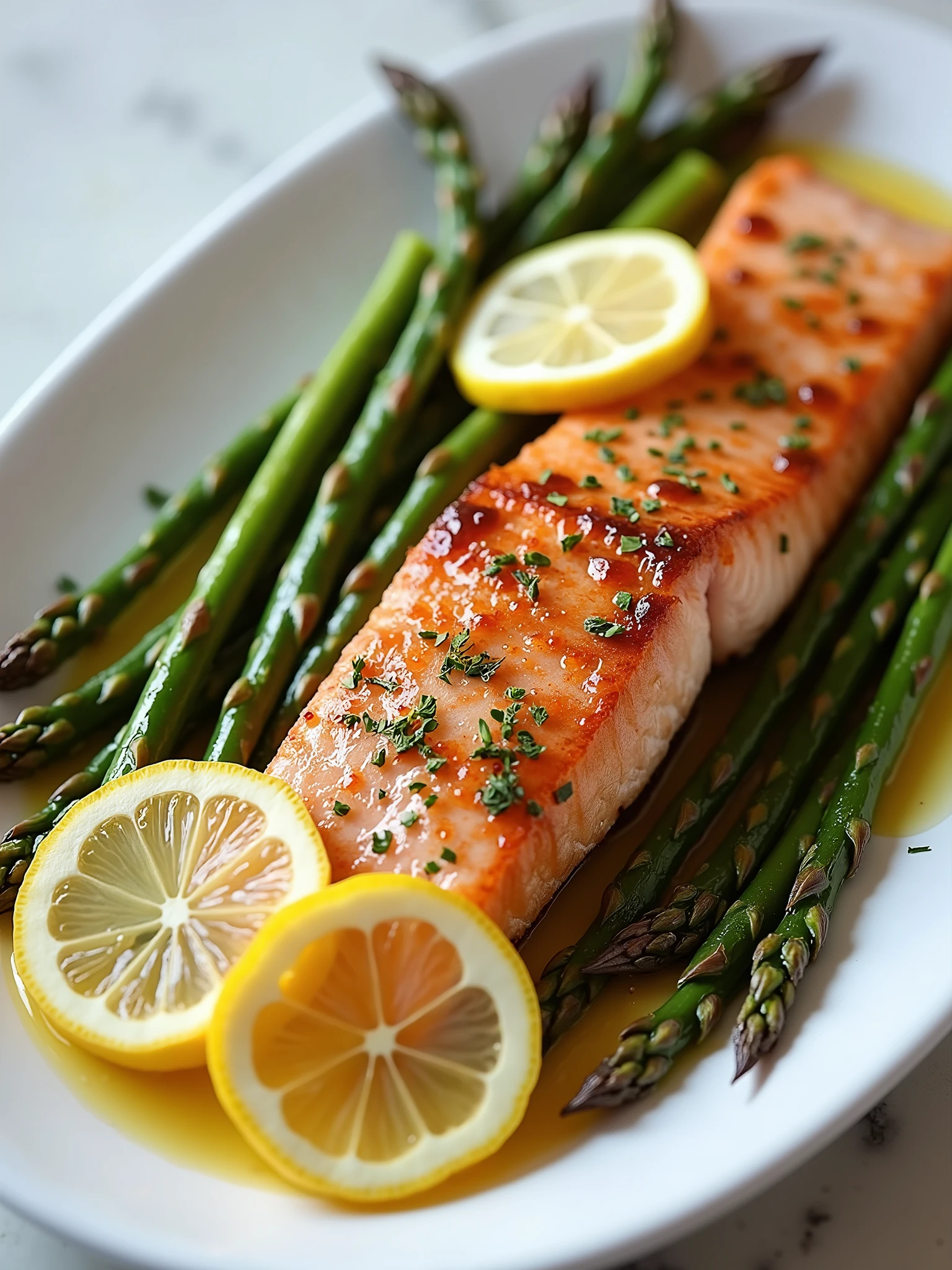 a dish of salmon toasted with olive oil, with asparagus and slices of Sicilian lemon, image ultra realistic, Image should be extremely realistic