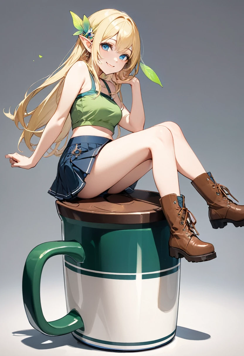 (masterpiece, best quality:1.2), 1girl, solo, full body, A fairy-sized elven lady is sitting on the edge of an empty mug, looking up at the viewer and smiling. long blonde hair, blue eyes. green tube top and mini skirt, short boots, simple background