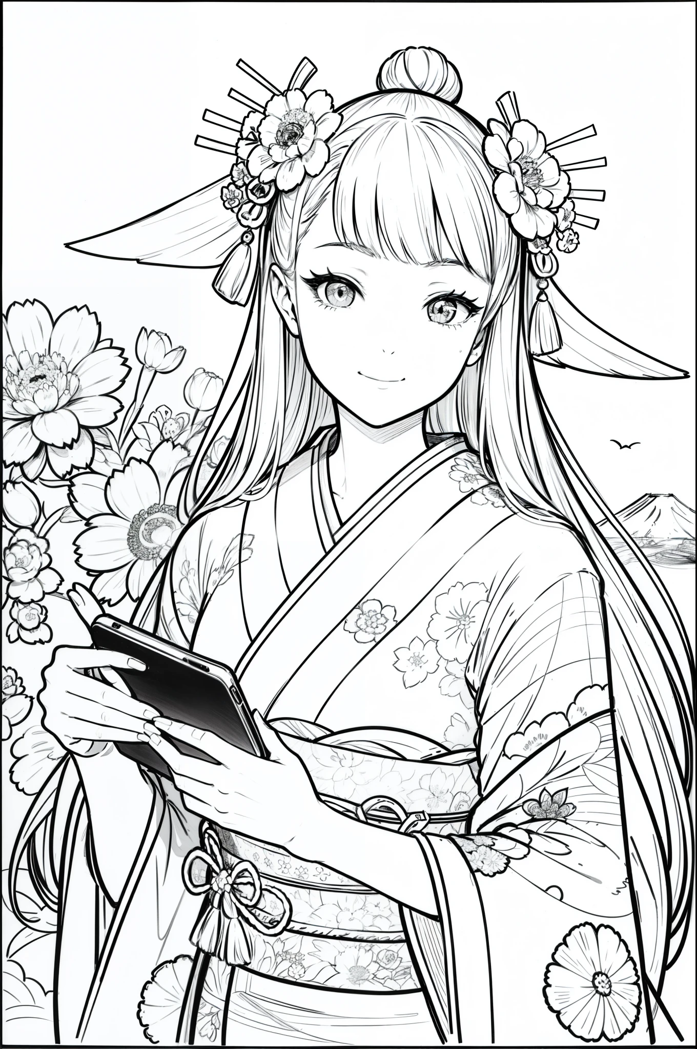 Masterpiece, top class, unique, cute, flowers, line drawing background, white background, monochrome, line drawing, ((sketch)), creepy, white eyes, create a monochrome coloring book that even adults can easily do, a realistic and cute ukiyo-e of a smiling girl wearing a kimono with Mt. Fuji in the background, holding a smartphone in one hand, conveying Japanese culture.