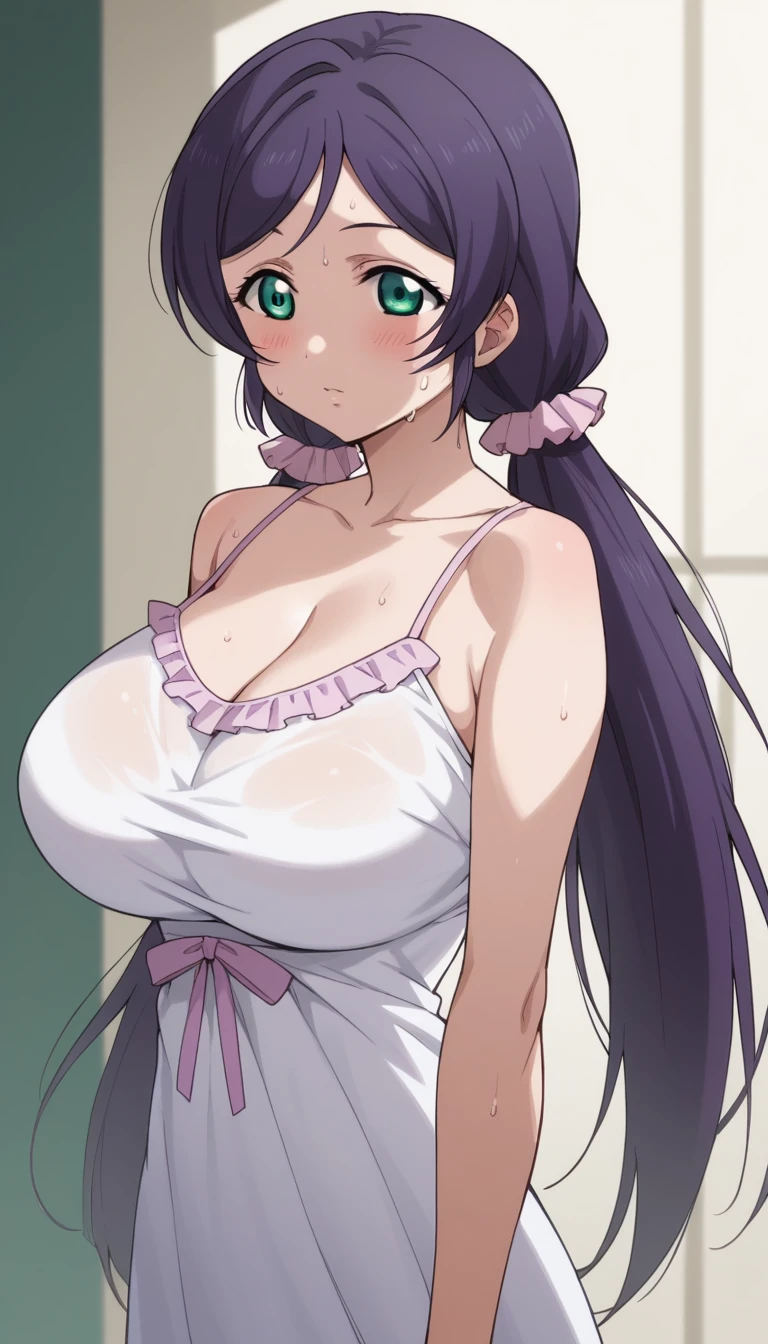 Score 9, Score 8 up, Score 7 up, The evaluation is questionable,
Detailed Background, Glowing Skin,Nozomi-san always, Green Eyes, Purple Hair, Twin tails, low Twin tails, Scrunchie, Long Hair, Huge breasts、blush、Sweat、In the heat,{Highest quality}, {so beautiful}, {Very detailed}, {Best illustrations},Life、slim:1.5、Camisole long maxi dress(tight)、Are standing