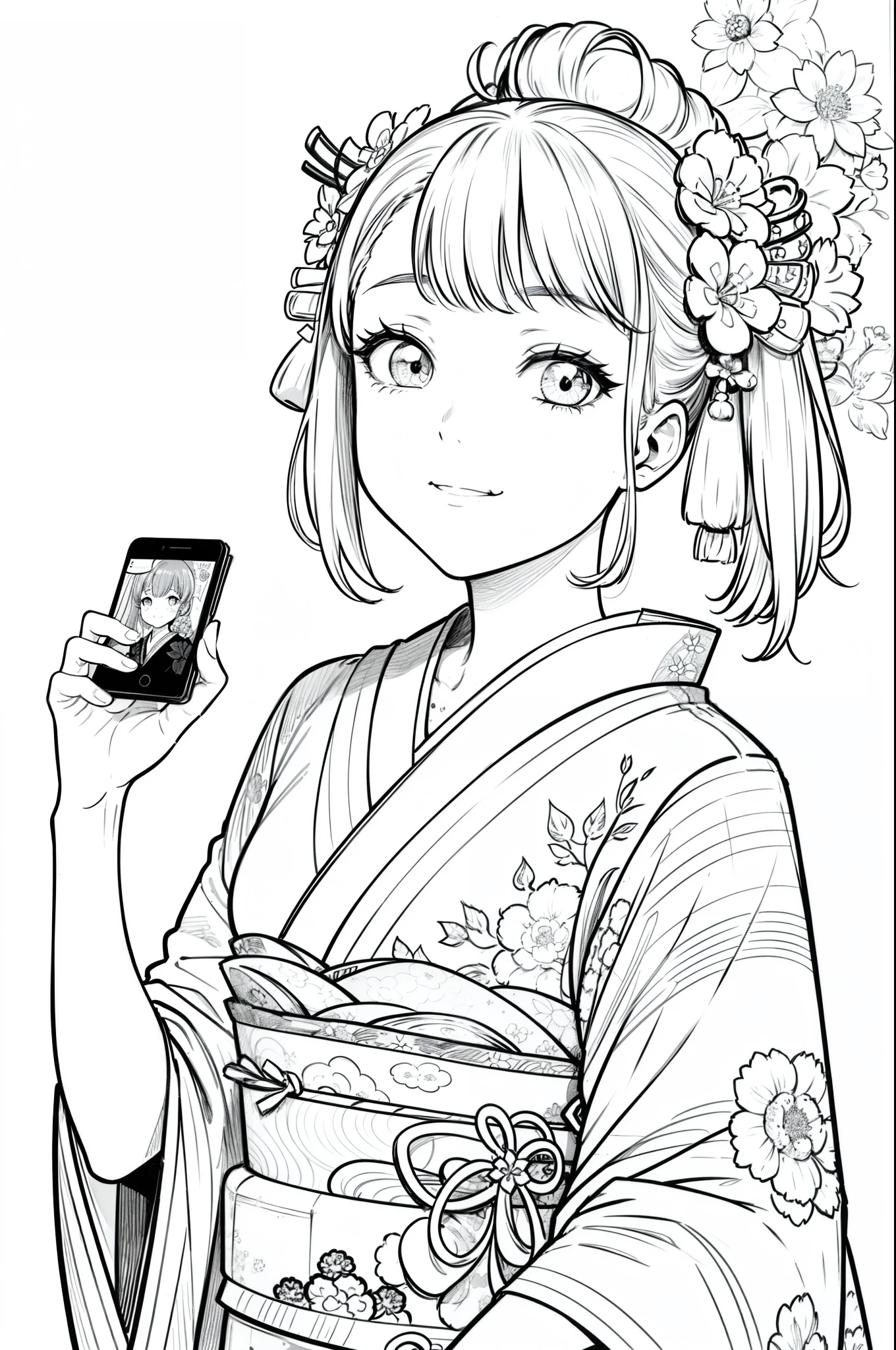 Masterpiece, top class, unique, cute, flowers, line drawing background, white background, monochrome, line drawing, ((sketch)), creepy, white eyes, create a monochrome coloring book that even adults can easily do, a realistic and cute ukiyo-e of a smiling girl wearing a kimono with Mt. Fuji in the background, holding a smartphone in one hand, conveying Japanese culture.