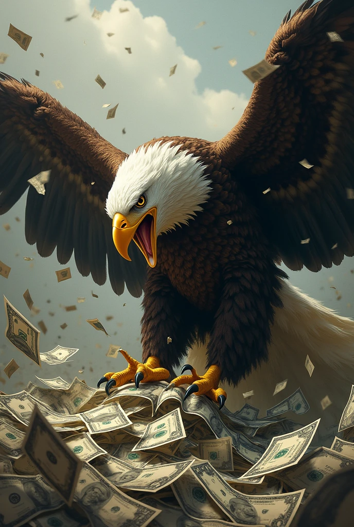 eagle eating money, surrounded with money,