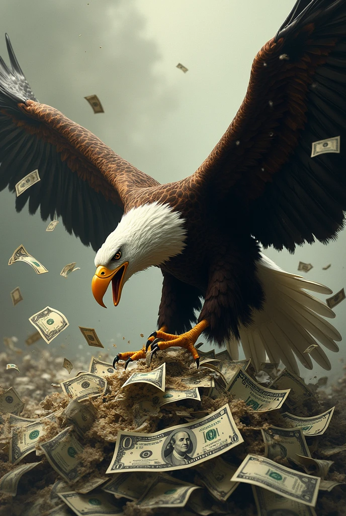 eagle eating money, surrounded with money,