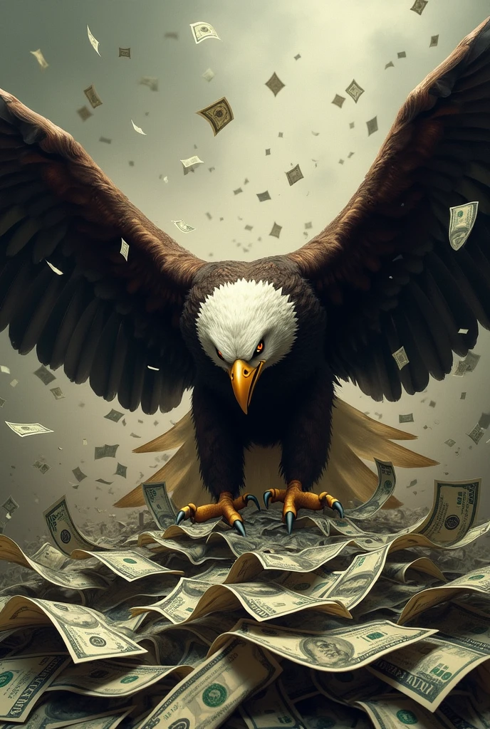 eagle eating money, surrounded with money,