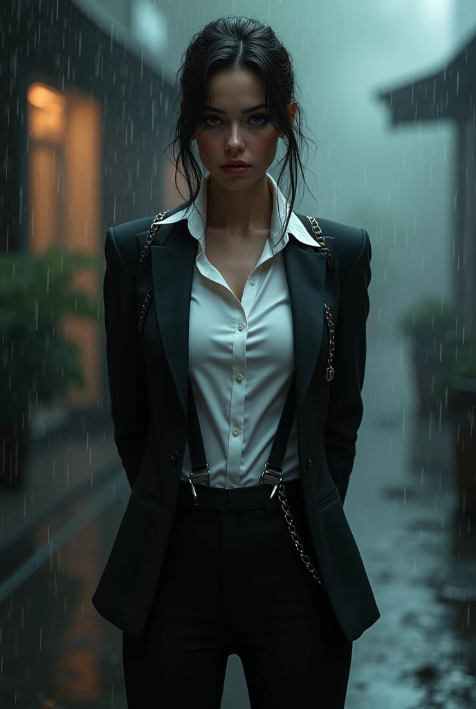 a woman in a suit, belt, hands behind back, sweating, suspenders, black pants, sexly, large breasts, see-through clothing, rain, detective, office worker, white button-up shirt, (best quality,4K,8k,highres,masterpiece:1.2),ultra-detailed,(realistic,photorealistic,photo-realistic:1.37),hyper-detailed,highly detailed face and body, Slender　thin　suspenders　Moderate breasts　See-through shirt　Nipples　holster　chain　Pistol　Armament　criminal　Female criminal　knife
