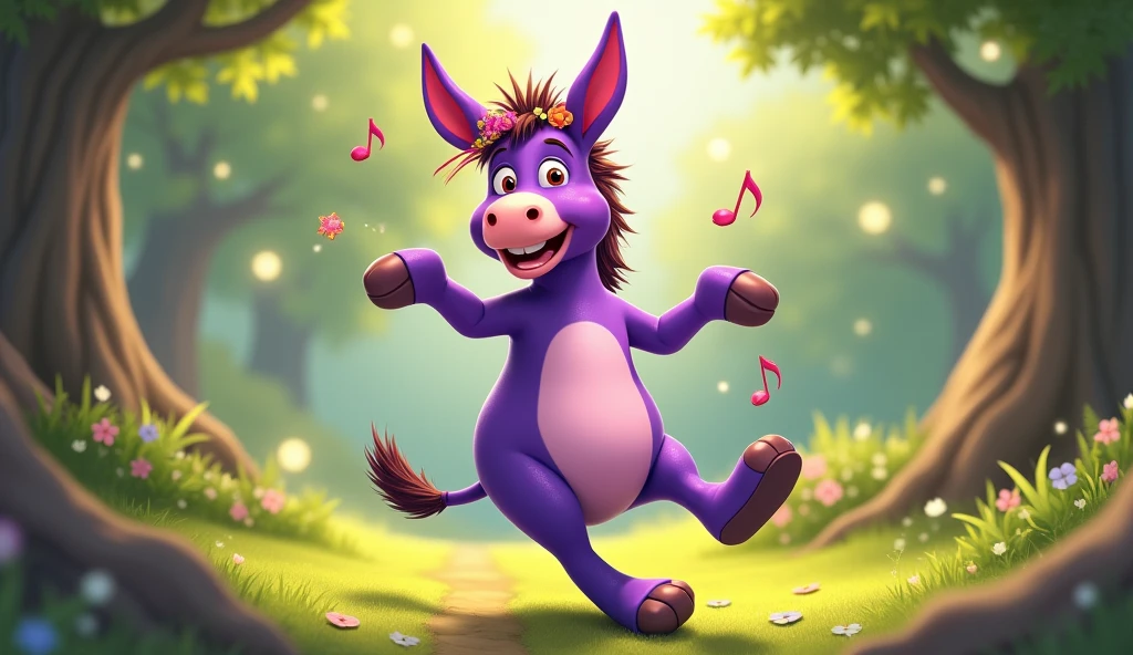 Stomping hooves upon the ground purple donkey full of cheer. Sing his songs all through the day. So if you him wave hello join his dance and let it show. 