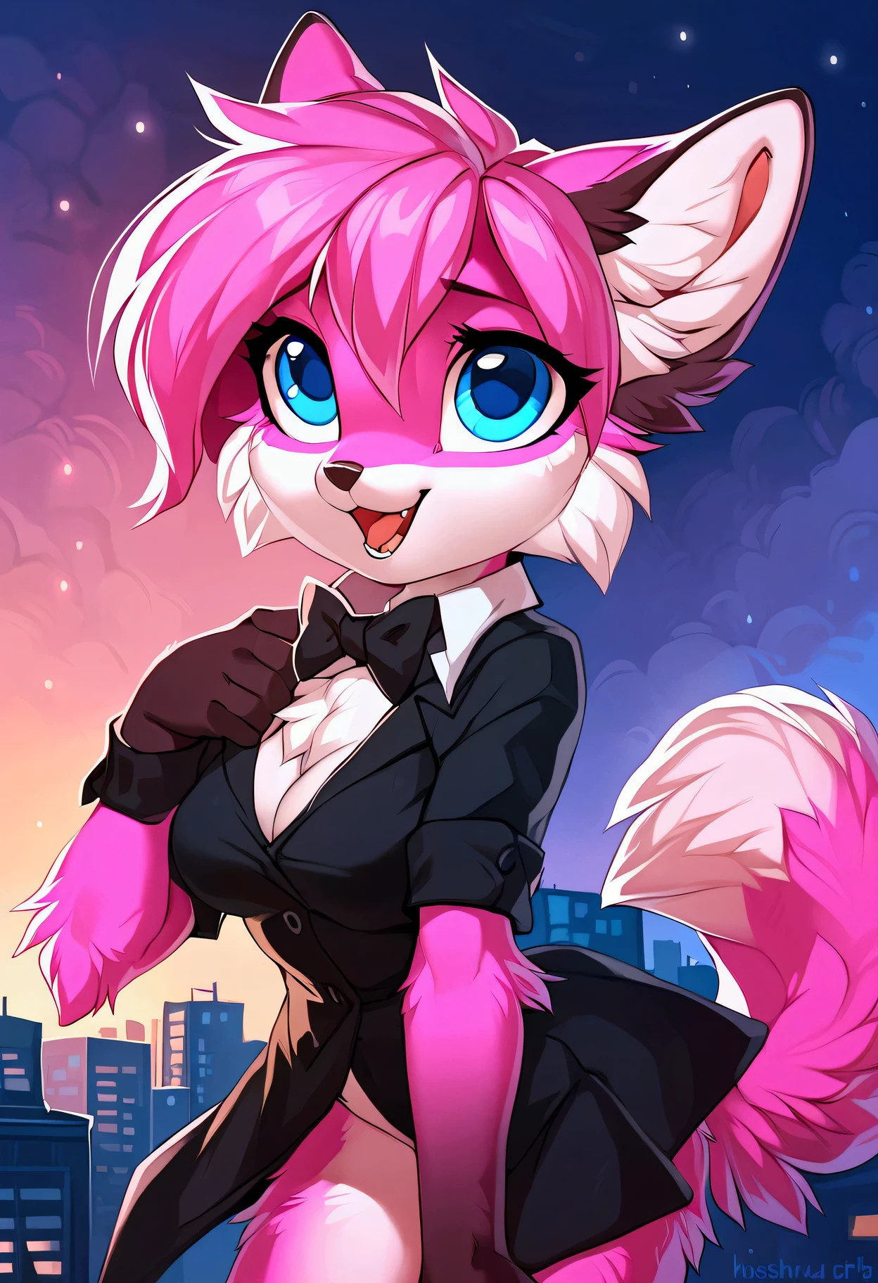 mammal, canid, canine, fox, iskra, hioshiru, pink_fur, dual-tone_fur, blue_eyes, :3, black_coat, black_shirt, bow_tie, pink_tail, excited, city, outside, sky, solo, mid, 2018, hi_res, masterpiece, best_quality