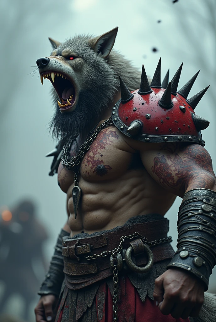 Wolf God, hyperrealistic, tension, chill, highly detailed, Sharp focus, professional, 8K UHD, Kinematic, Dark, Violent, outdoor, time, battle, chase, dramatic, vivid, nervous vibe, do, epic, twilights, eat the moon, HdR, album cover art, blizzard, lightning, cataclysmic,A muscular and fierce warrior, Covered in scars, with an intimidating appearance and an expression of fury as he screams in the middle of a battle. He wears rustic and heavy armor., decorated with intricate details and chains, partially covering his torso and arm. His skin is marked with distinctive red tattoos, and his right shoulder sports a piece of red spiked armor, contrasting strongly with the rest of the image which is in greyish tones. His thick beard and bald head add to his brutal and powerful presence.. The background is blurry, suggesting movement and chaos, while the focus remains on the intensity and fury of the warrior. The art style highlights the drama and energy of the scene, using a limited but striking color palette