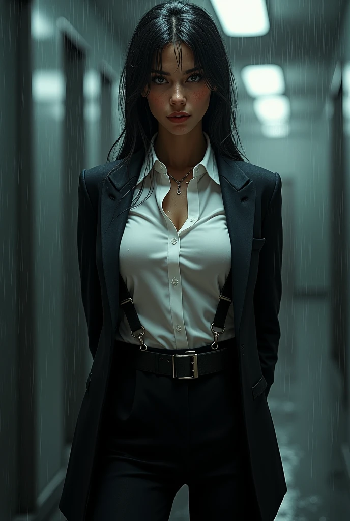 a woman in a suit, belt, hands behind back, sweating, suspenders, black pants, sexly, large breasts, see-through clothing, rain, detective, office worker, white button-up shirt, (best quality,4K,8k,highres,masterpiece:1.2),ultra-detailed,(realistic,photorealistic,photo-realistic:1.37),hyper-detailed,highly detailed face and body, Slender　thin　suspenders　Moderate breasts　See-through shirt　Nipples　holster　chain　Pistol　Armament　criminal　Female criminal　knife
