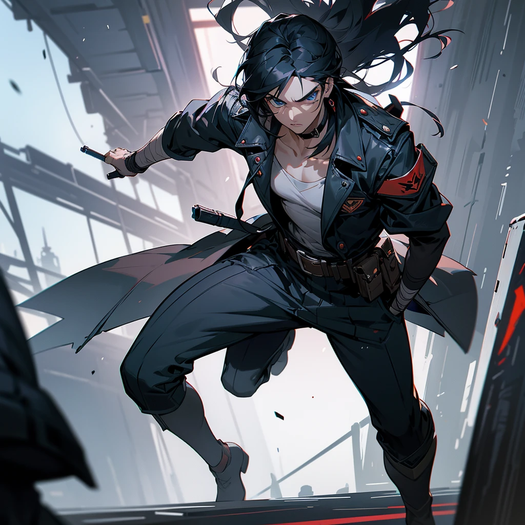 black hair, male, long hair, straight hair, male, man, blue eyes, tall, wiry, jacket, choker, armband, long boots, belt, waist pouch, with a black bandage, delicate facial features, toned, cyberpunk, inside, on the ship, Epic Battle Scene, running at full speed, determined, serious expression, gunner, shooting a gun in front of her, determined,