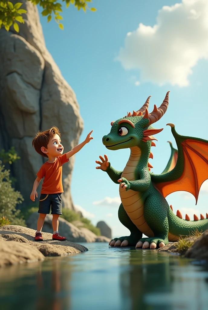  Canematic 3d style .Interaction: The boy and the dragon are playfully interacting. The boy is pointing towards the sky, suggesting he wants to fly, while the dragon is flapping its wings, ready to take off. They are both standing near a large rock beside the stream.