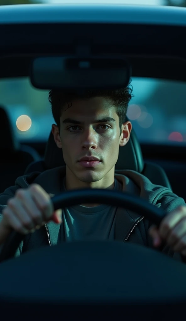 Man in his 20s, inside car at midnight, front view