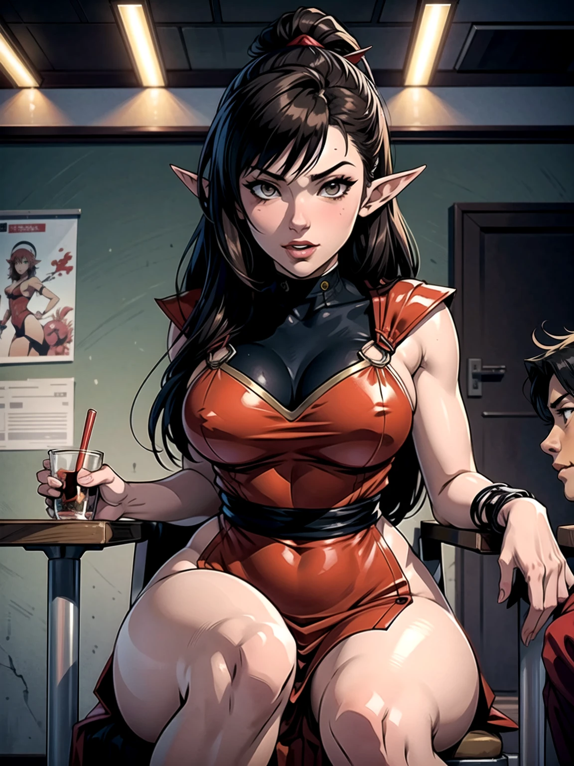 there is a woman in a red dress sitting on a chair, v from devil may cry as an elf, sakimichan, yoko matsugane as mai shiranui, trending on cgstation, rin, asuka suit under clothes!, ayaka cosplay, , seductive anime girl, ayami kojima amano, sakimi chan, asuka