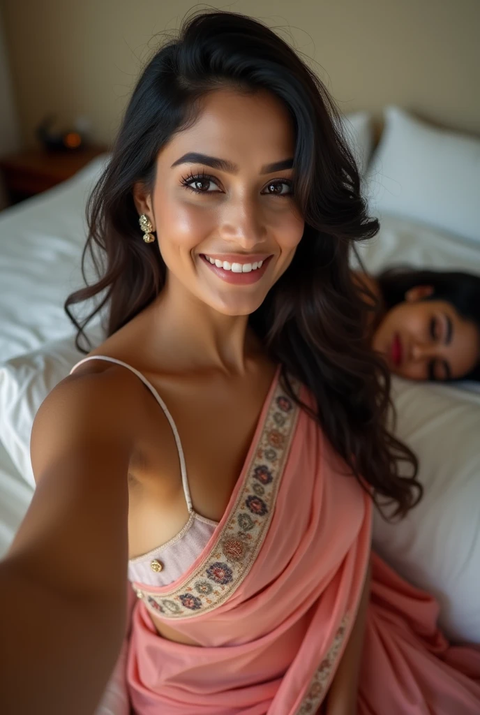 Perfect  Indian sexy fittest wife with embroidered soft net saree, embroidered, HDR, 8k, hyper detailed, best quality, ultra-high resolution, HDR, 8k, sitting  on the bed and taking selfie , a woman sleeping beside her look at viewer, waist level view, bright smile, casual pose ,  average body with 36 D size breasts,26 hip size and 36 waist size
