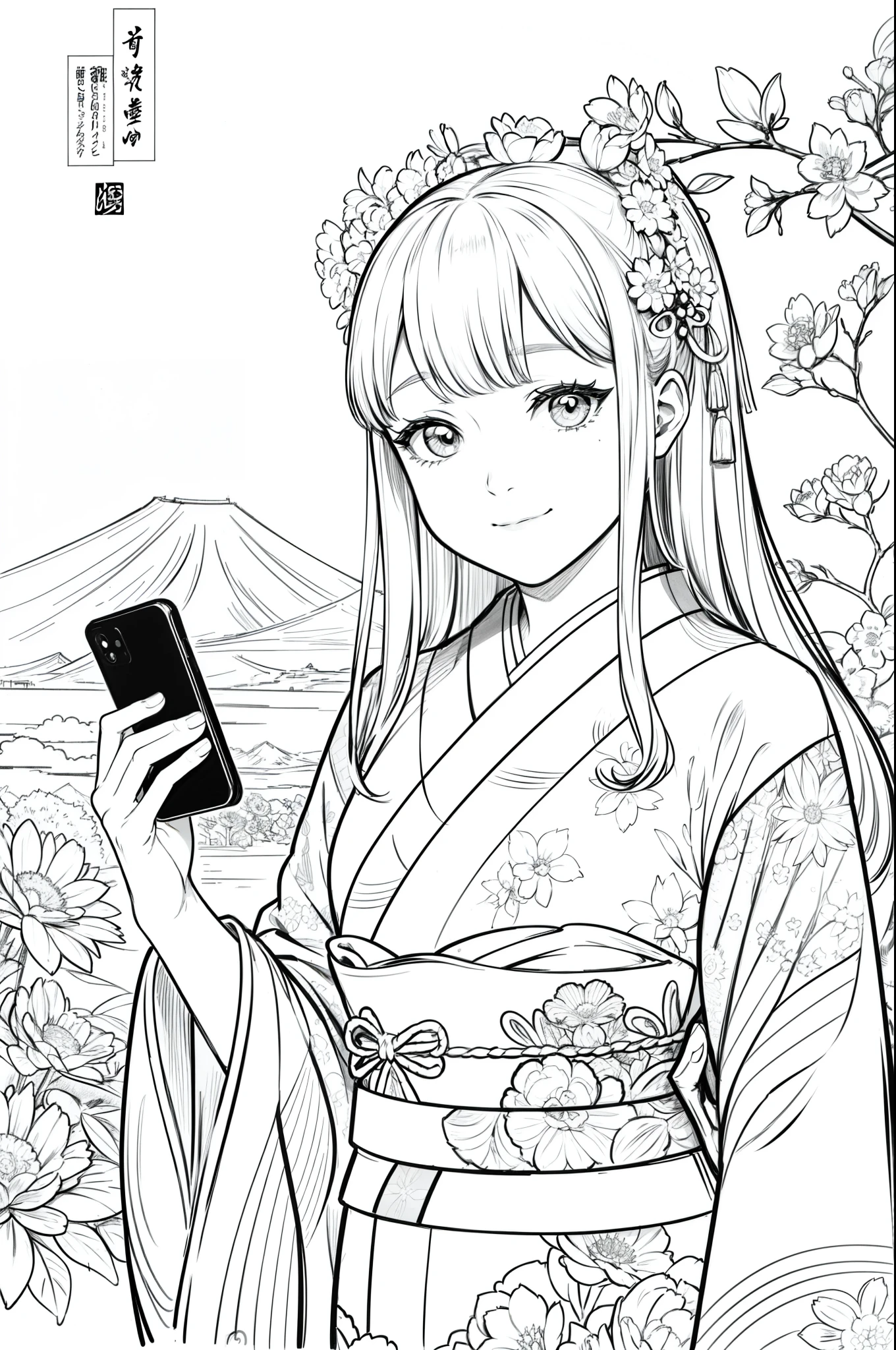 Masterpiece, top class, unique, cute, flowers, line drawing background, white background, monochrome, line drawing, ((sketch)), creepy, white eyes, create a monochrome coloring book that even adults can easily do, a realistic and cute ukiyo-e of a smiling girl wearing a kimono with Mt. Fuji in the background, holding a smartphone in one hand, conveying Japanese culture.