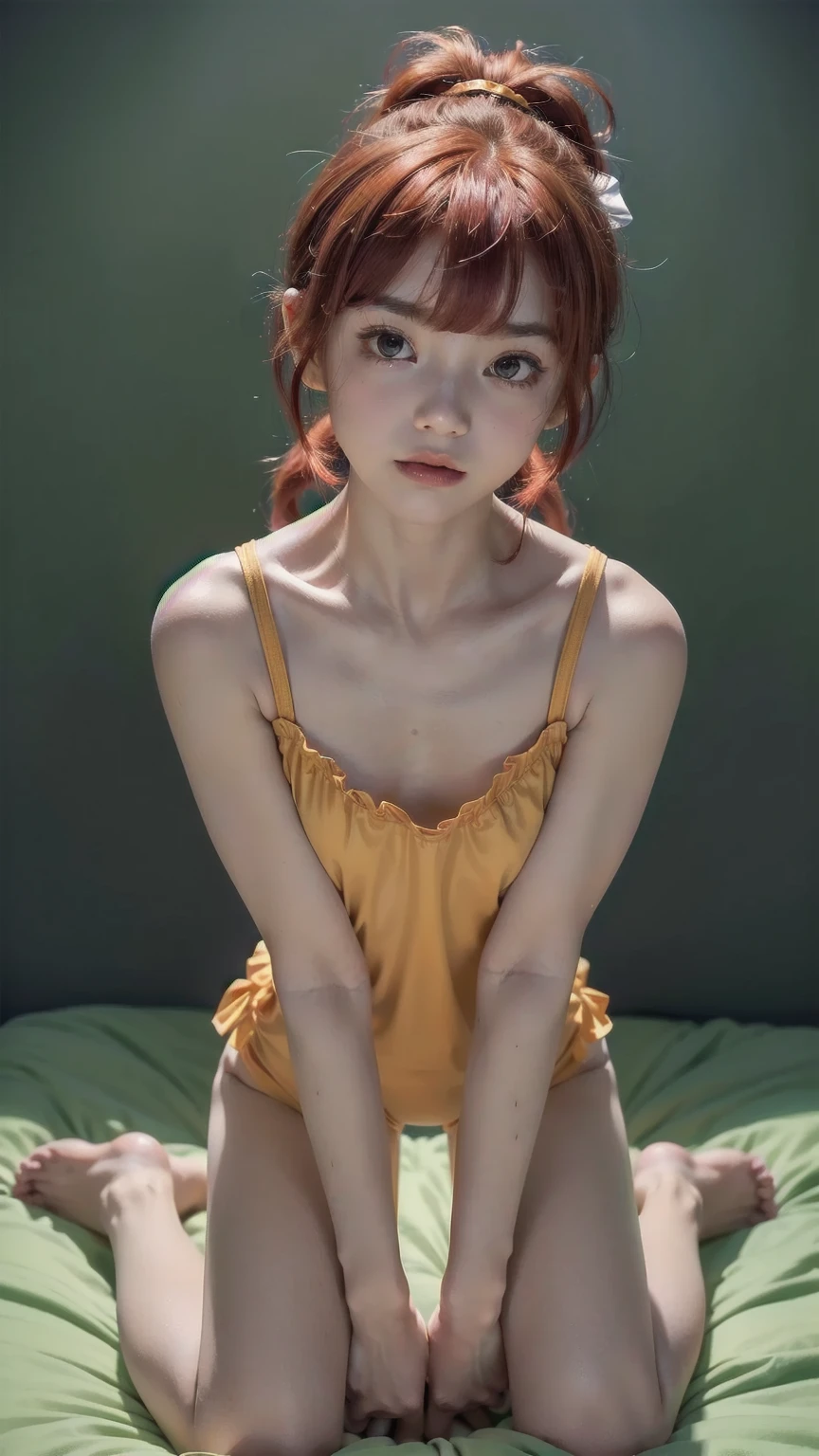 ((top quality, ultra-detailed, high resolution, extremely detailed CG, unity 8k wallpaper, by famous artist, perfect anatomy, super detailed skin, cinematic lighting, UHD, retina, anatomically correct, 1080P)), (Please draw a single one happy girl kneeling in the her bed:1.3), ((1girl)), a , ((cute petit girl, chibi, babyface)) androgynous charm, (Medium hair, ((full red hair)) ((redhead)), pigtails, straight bangs, with a bow in her hair, ((very thin legs)), ((skinny legs, thin body, small build)), Full limbs, complete fingers, ((perfect fingers and hands)), flat chest, small breasts, childish body, small butt, groin, Beautiful detailed full yellow gold eyes, perfect eyes, (Detailed Lighting), ((girl room background)), (Detailed scenary background), full body view, ((kneeling)), legs. Cute, kawaii single girl (one girl), full body shot, front body, ((left hand up, right hand down)), ((little young body:1.3)), ((CCozy sleepwear for a girl, featuring a soft pajama set with a loose-fitting top and matching shorts in green and orange colors)), ((A natural, correctly proportioned hands)), ((Straight bangs cut just to the eyebrows, perfectly aligned and not moving to the side:1.3)), ((children:1.3)), ((children:1.5)), ((kid:1.0)), ((little girl:1.3)), ((perfect hands)), ((five fingers for each hand))