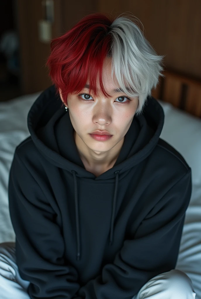 (photorealism:1.2) hot young man, no facial hair, asian, perfect face, pale skin with burn on left eye, heterochromia eyes, one blue eye, one grey eye, half red half white hair, sleek shiny hair, bangs, boy sitting on bed with oversized hoodie, second degree burn on left eye