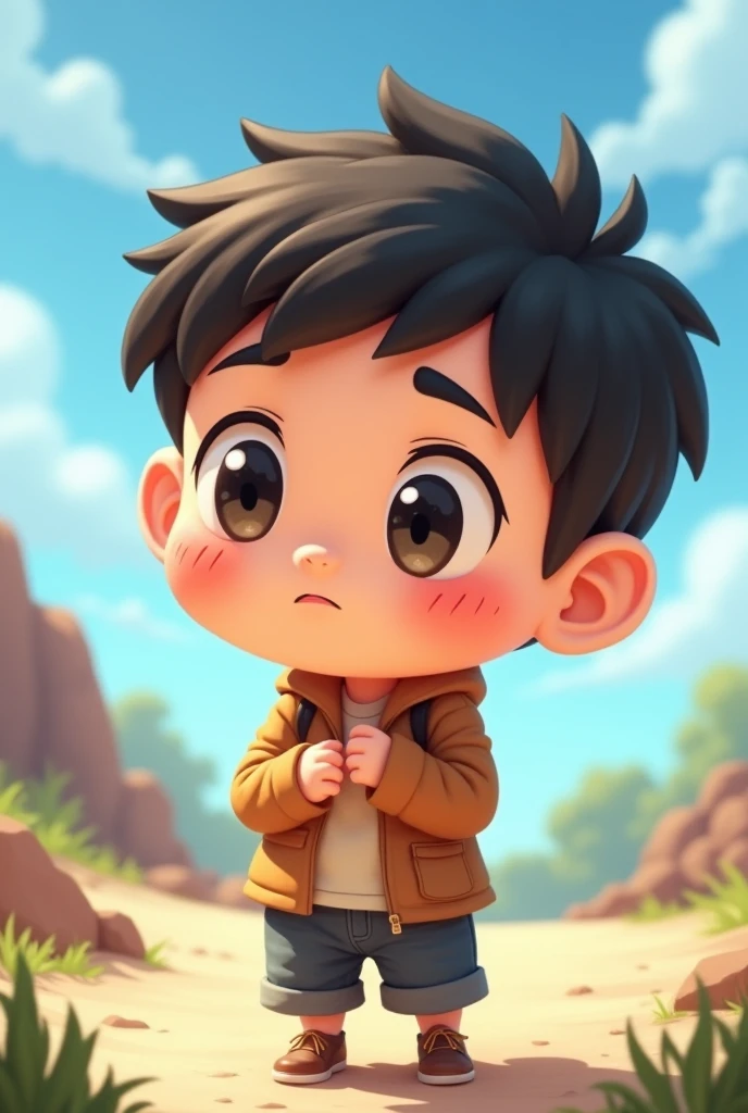 
A chibi male character is standing outside, looking at it with a bewildered expression.