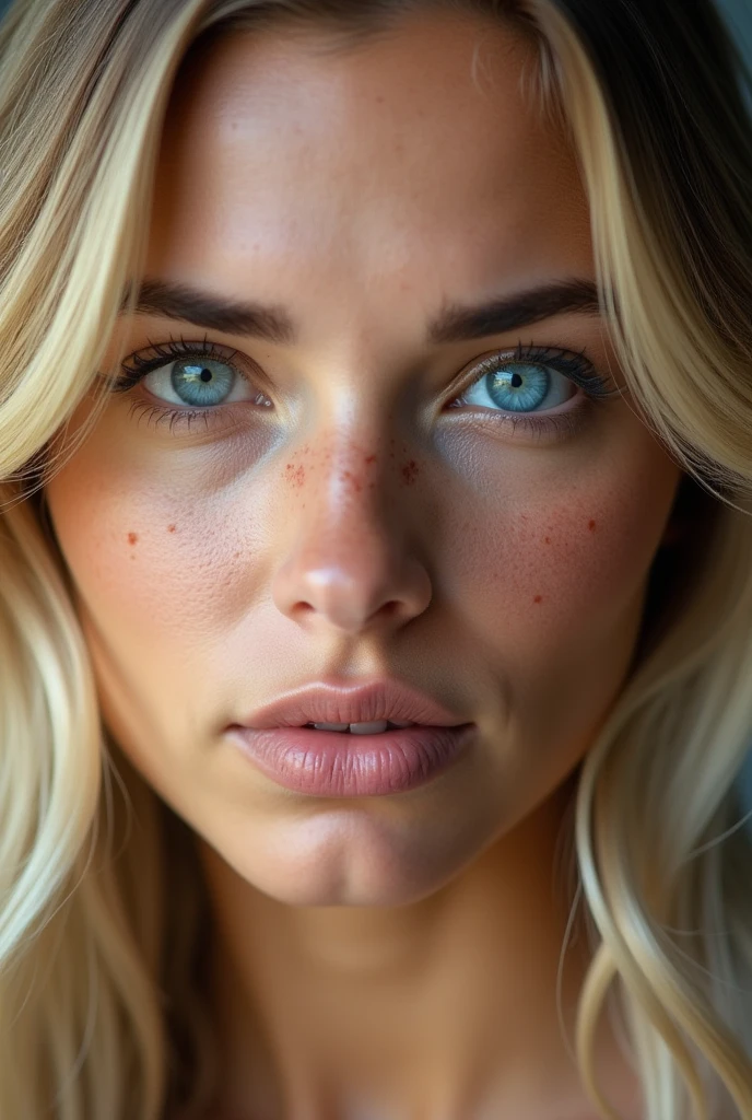 gros plan de face du visage d'une fille blonde de 35 ans. on voit ses pores, elle n'est pas maquillée, son visage a des imperfections. Elle a des tâches, elle a des yeux bleus, un regard de seduciton
