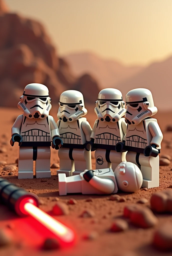 Photorealism 1.4 realistic realism high detailed definition  Lego minifig  4 stormtrooper with weapon background at mars with Darth Vader light saber   at centre photo group one of stormtrooper beheaded