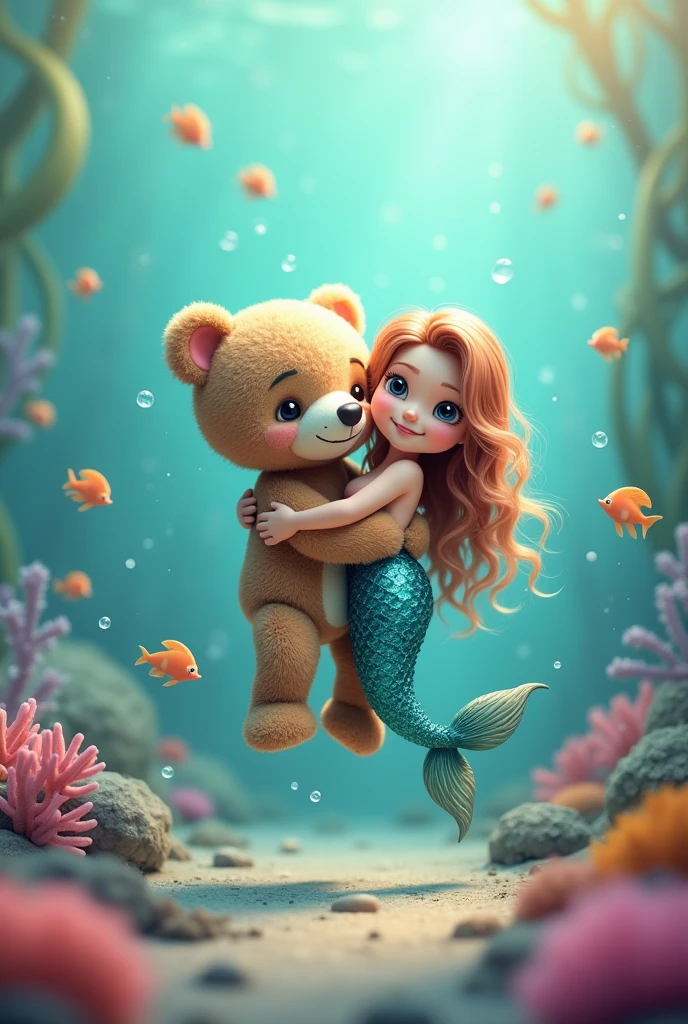 A landscape image of cute teddy hugging a mermaid