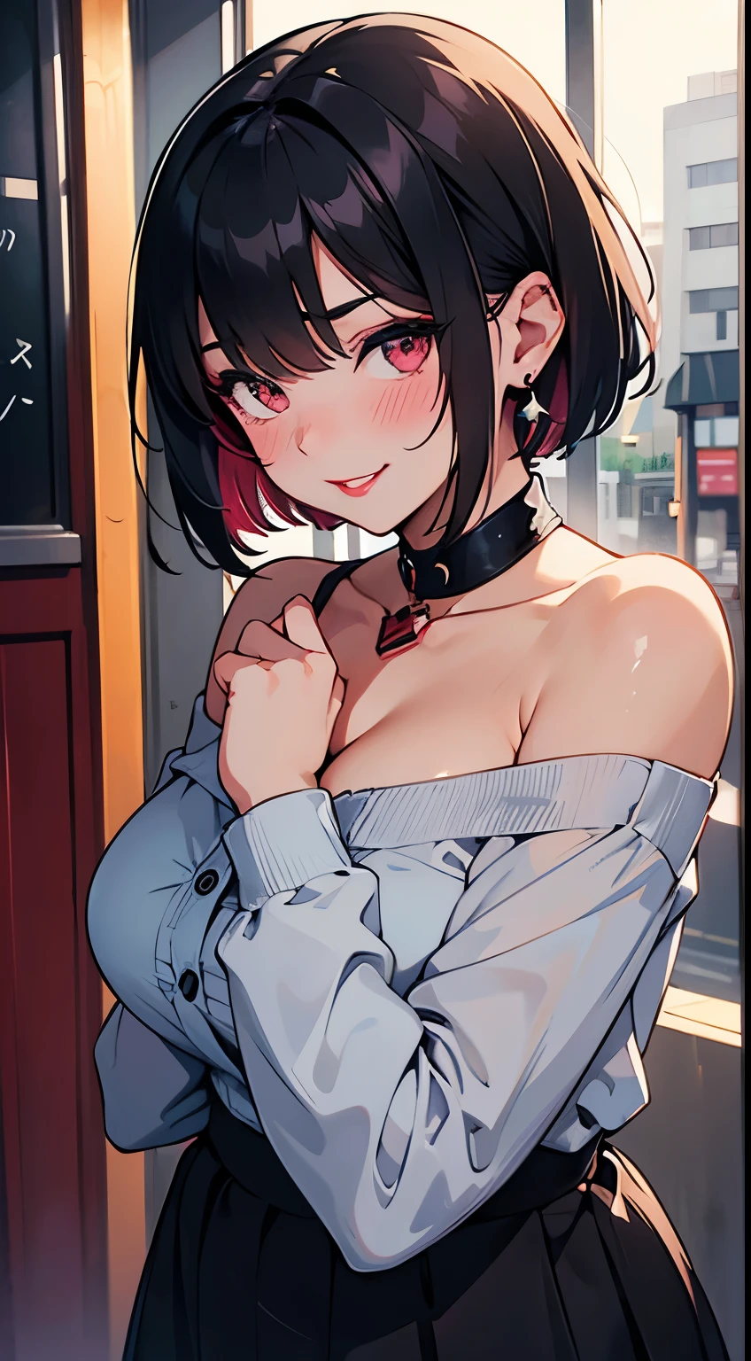 1girl, Solo, High Resolution, Looking at viewer, Blush, Smile, Short Hair, Bangs, Black Hair, Earrings, Parted Lips, Depth Of Field, Masterpiece, Anatomically Correct, Textured Skin, Super Detailed, Hair Over One Eye, Breasts, Makeup, Nose Blush, Happy, Light Smile, Heavy Breathing, Light Blush, Smirk, Full-face Blush, Pout, Raised Eyebrows, Red Lips, Seductive Smile