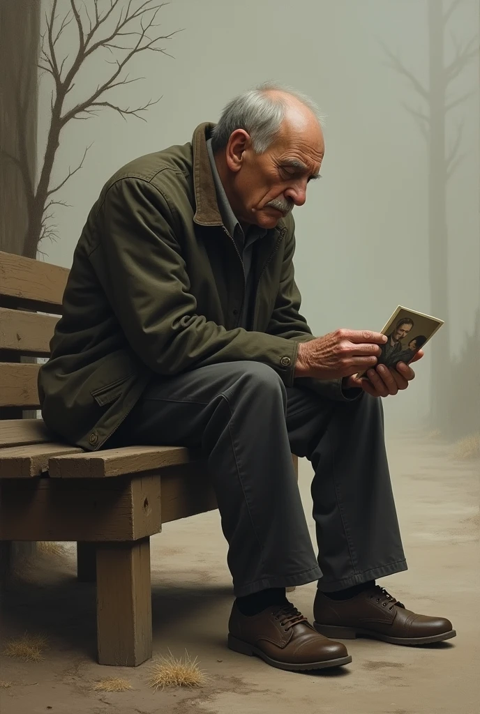 A painting in dull colour of a person siting on a bench looking at a photograph in his hand with ground as the background