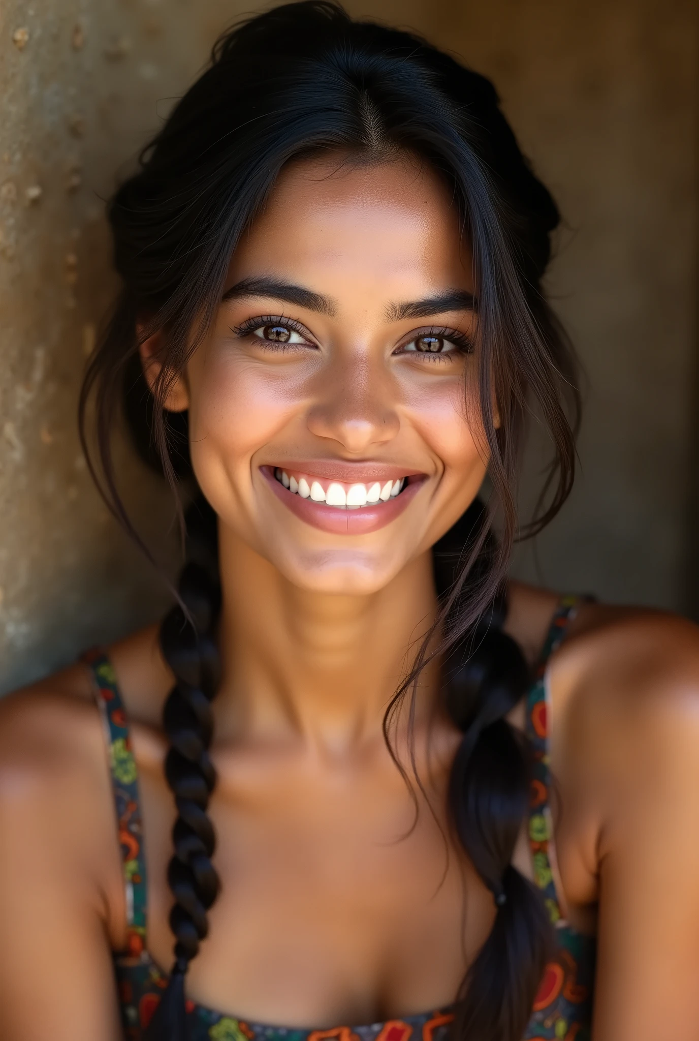 There is a young, Beautiful indian woman, who looks to the future like Katrina Kaif, Smiles into the camera, beautiful teeth, She looks into the camera, a portrait from raw photo, body, conservative modern color dress, ((hair braided)), 
