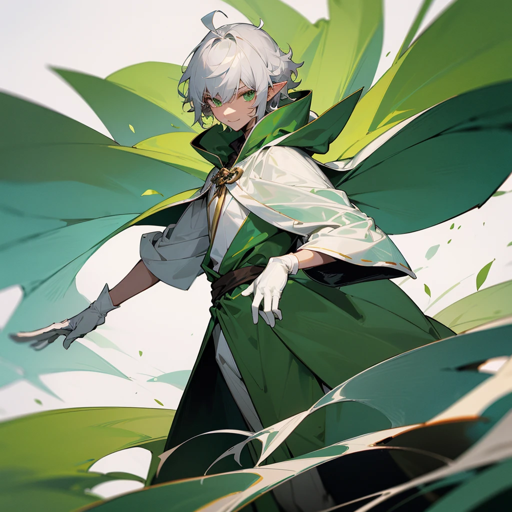 elf, male, silver hair,short hair, medium cut, ahoge, curly hair,green eyes,slender, fair skin, green robe, cloak, White gloves, cool mild Smile, windmill