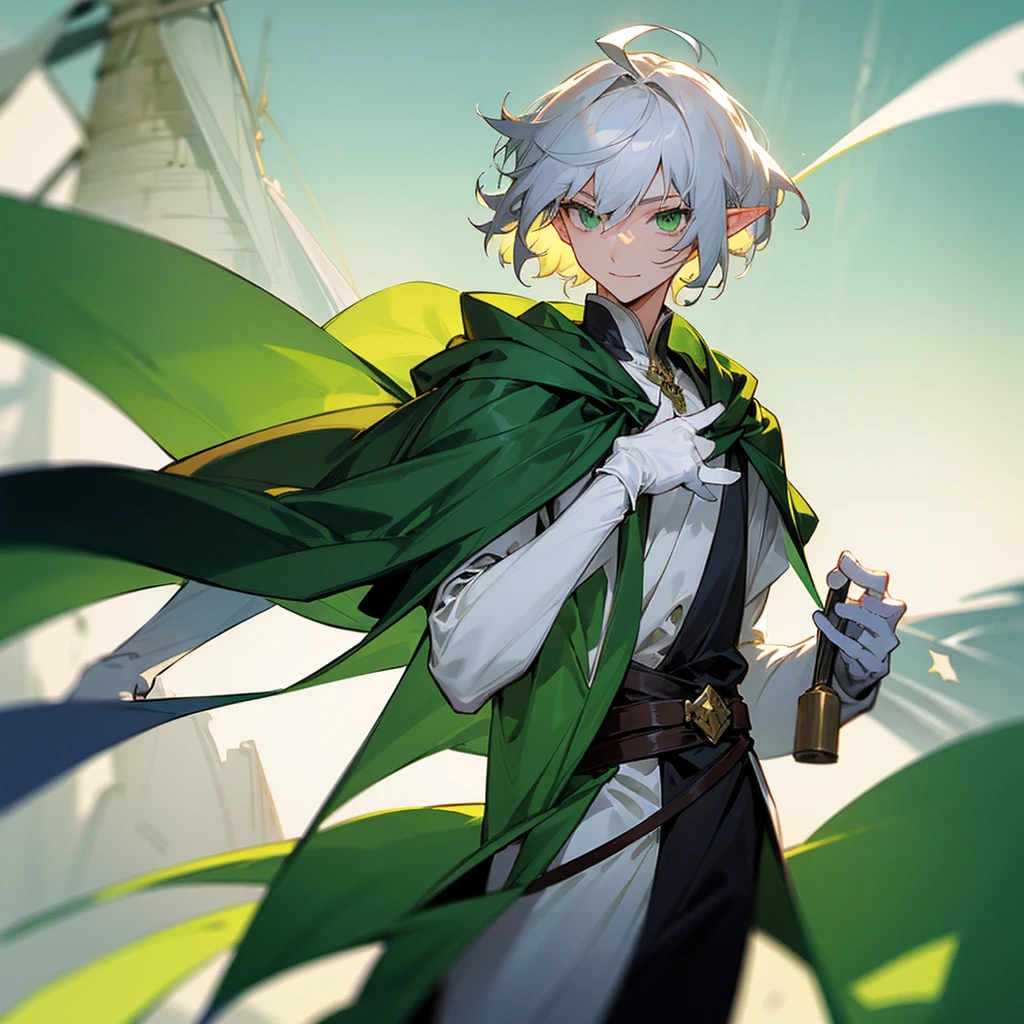 elf, male, silver hair,short hair, medium cut, ahoge, curly hair,green eyes,slender, fair skin, green robe, cloak, White gloves, cool mild Smile, windmill