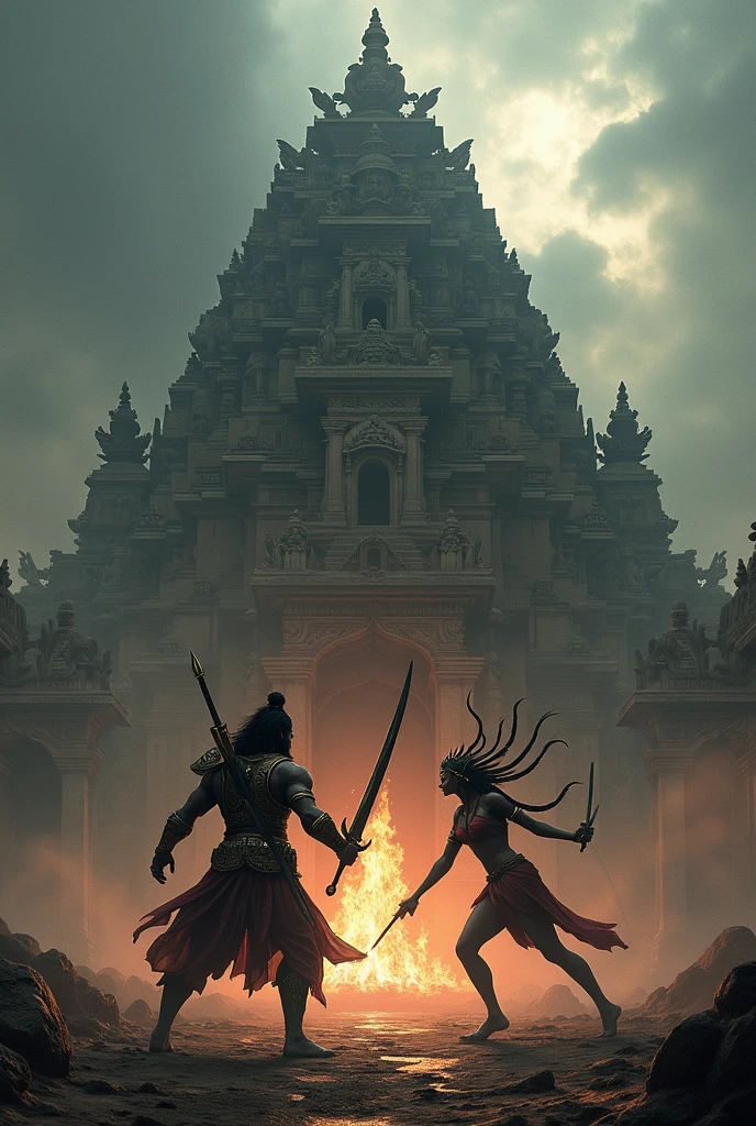 The avatar Kalki in the end of the dark world fighting with Kali in front of a temple in darkness 


